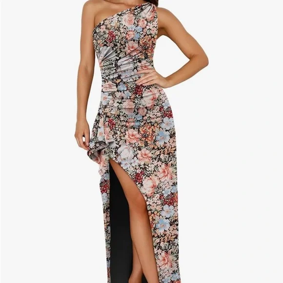 One Shoulder Floral Bodycon Maxi Dress - Picture 3 of 3
